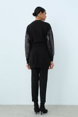 Sequined Detail Knitted Cardigan - Black