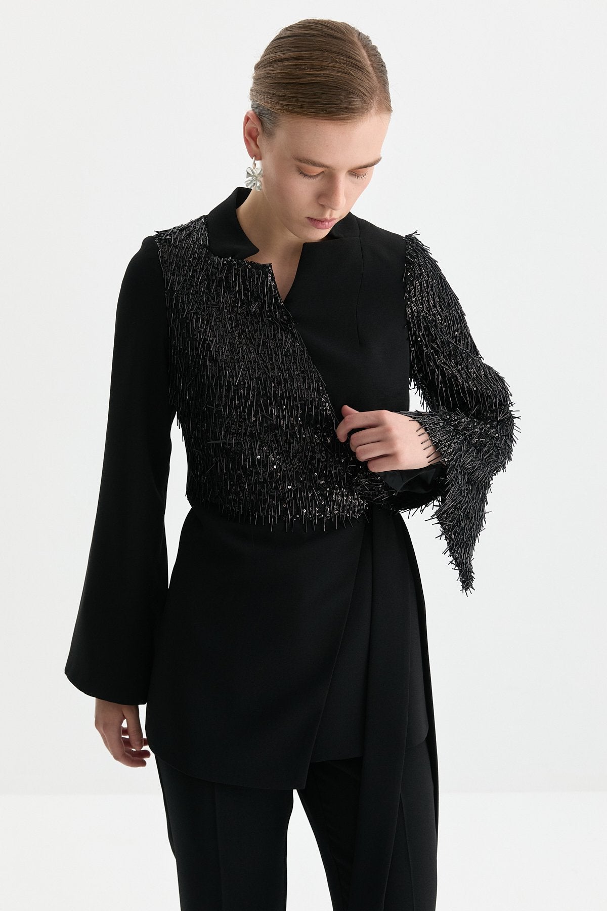 Sequined Tie-Up Jacket - Black