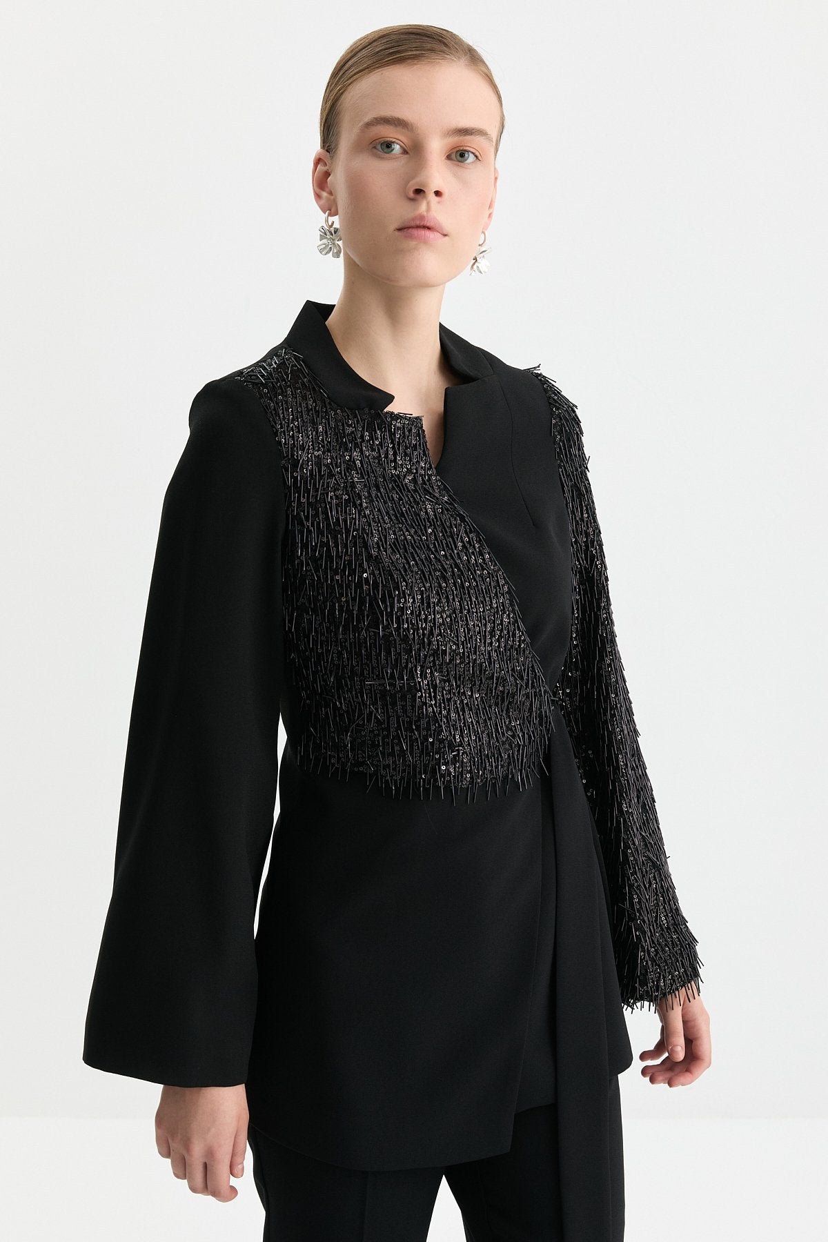 Sequined Tie-Up Jacket - Black