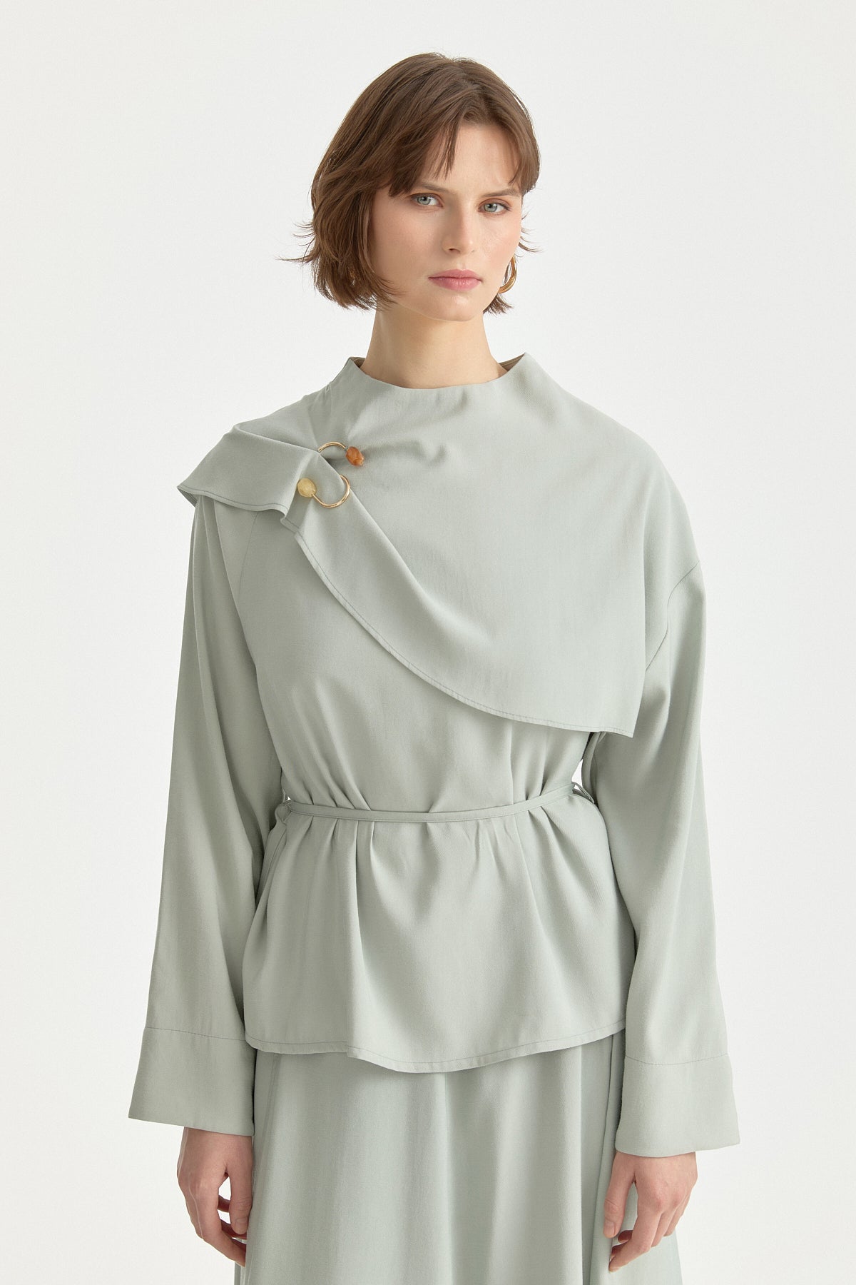 Lyocell Skirt and Blouse Set with Cape Detail - Mint Green