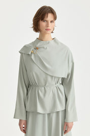 Lyocell Skirt and Blouse Set with Cape Detail - Mint Green