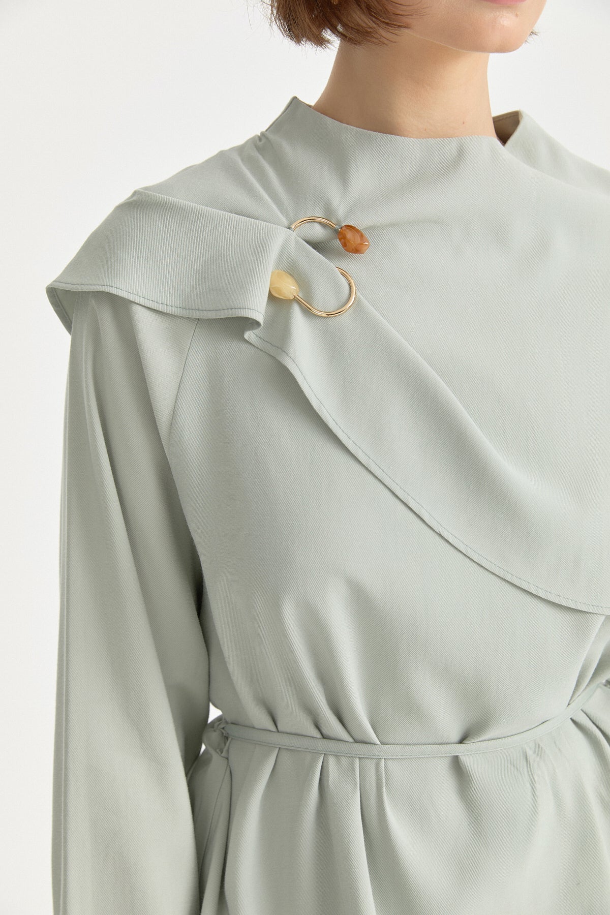Lyocell Skirt and Blouse Set with Cape Detail - Mint Green