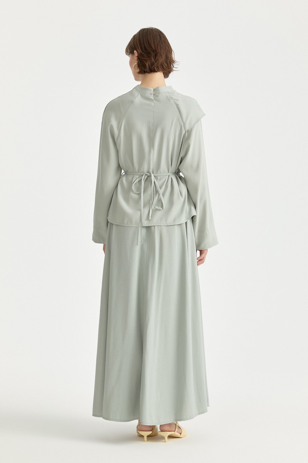 Lyocell Skirt and Blouse Set with Cape Detail - Mint Green