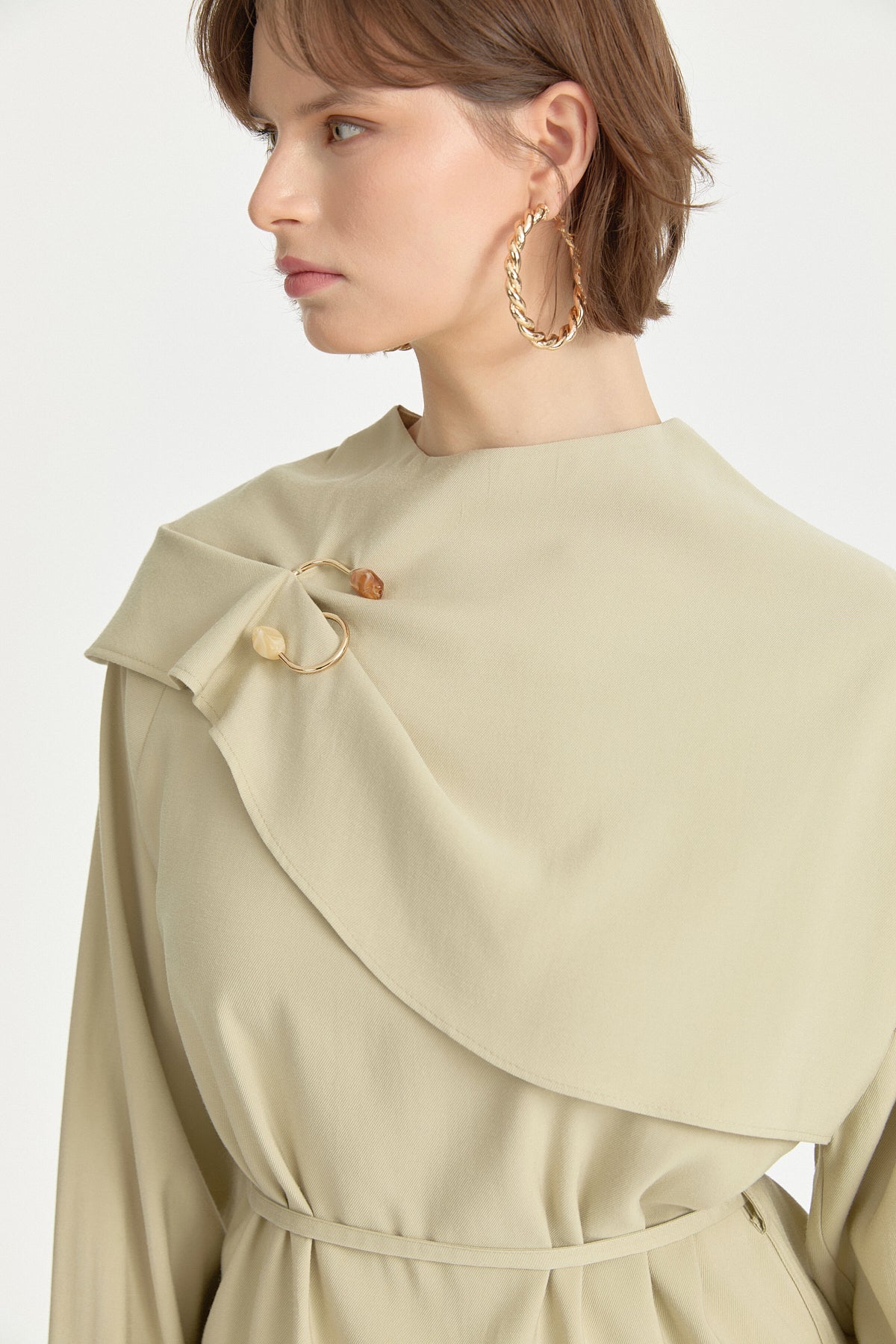 Cape Detail Lyocell Skirt Blouse Set - Thyme