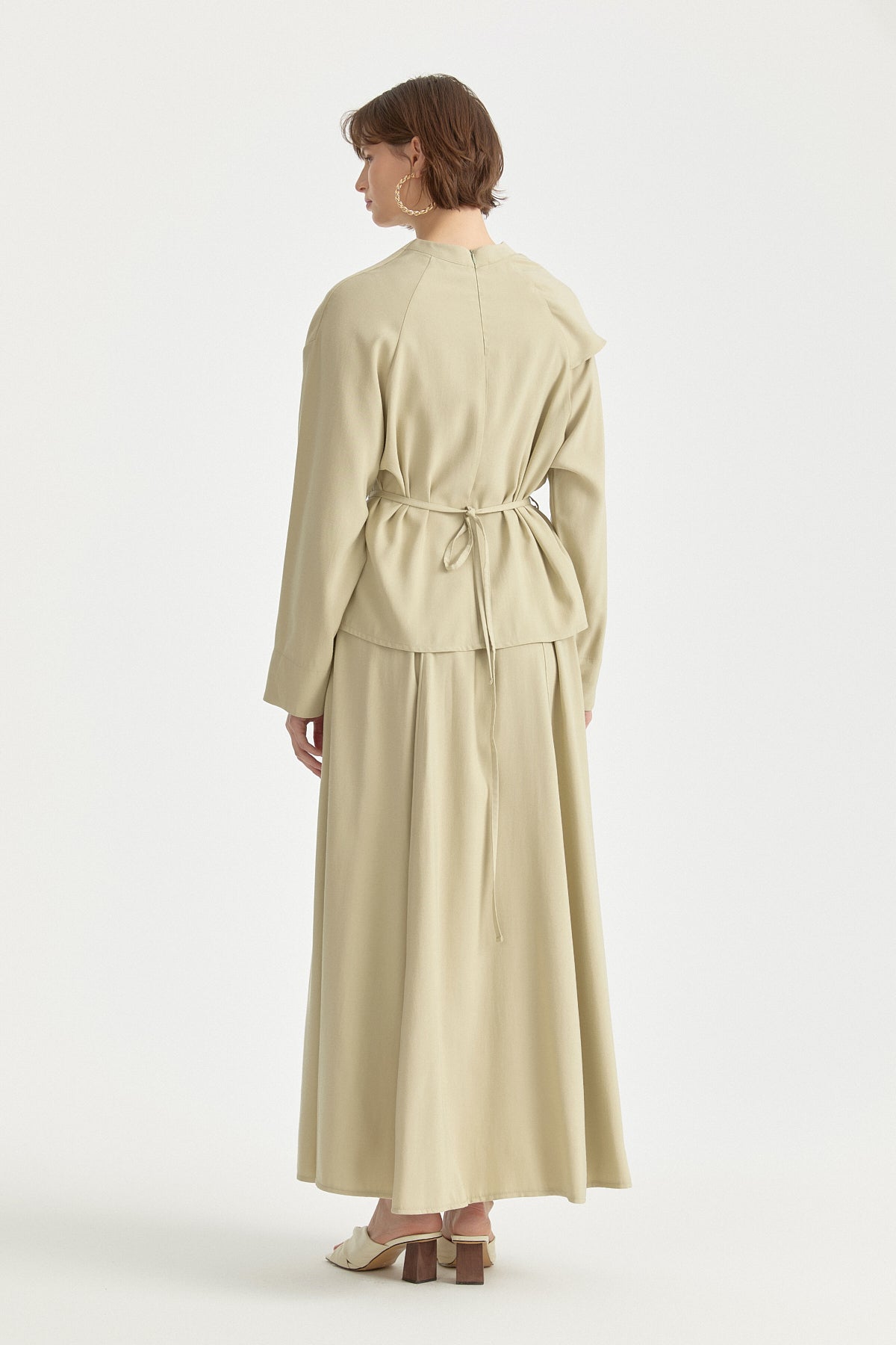 Cape Detail Lyocell Skirt Blouse Set - Thyme