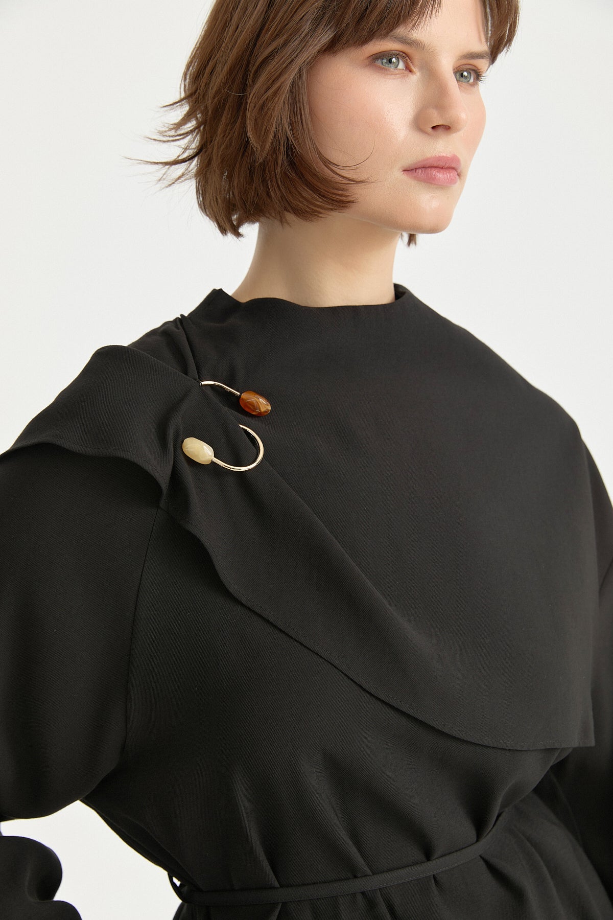 Cape Detail Lyocell Skirt Blouse Set - Black