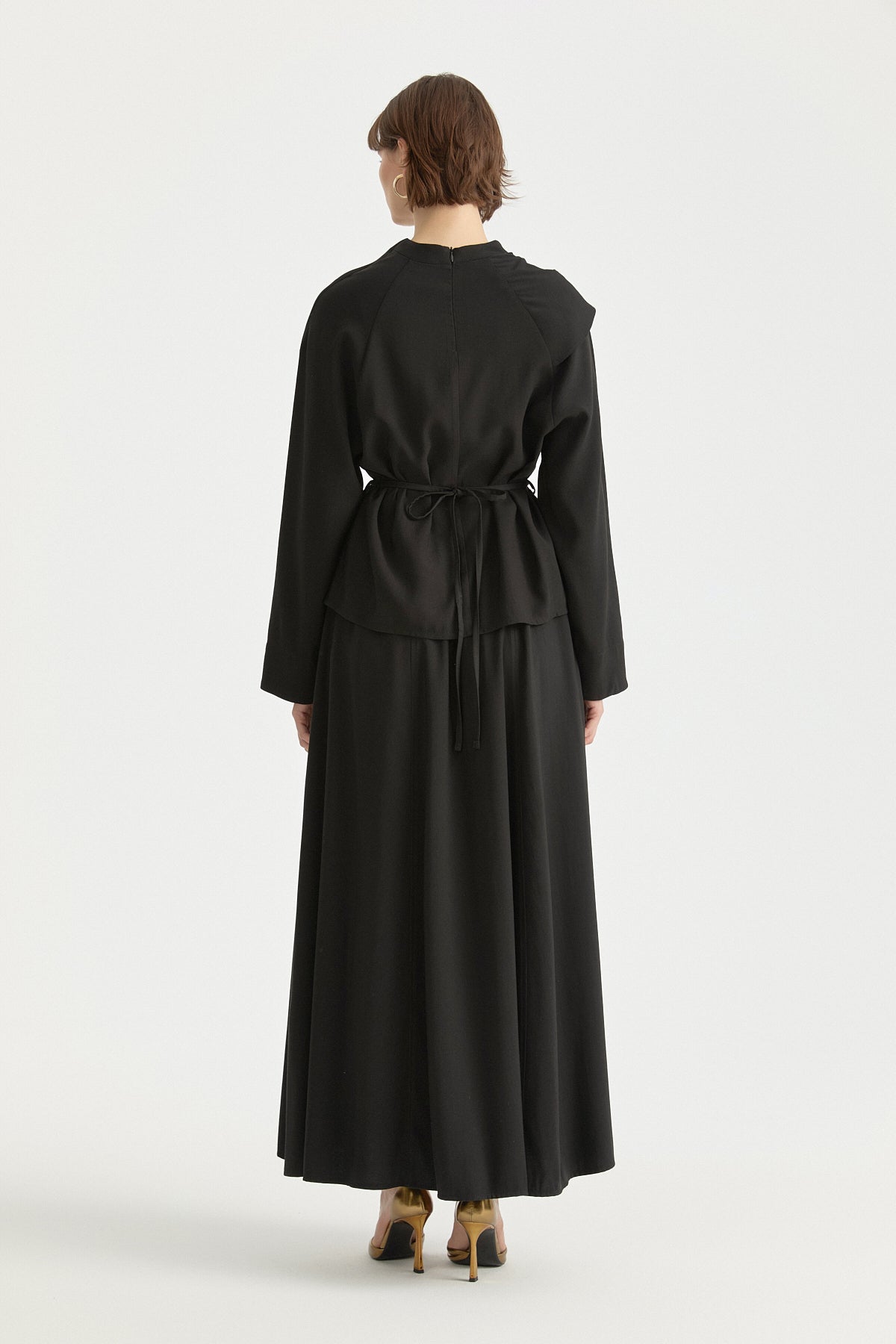 Cape Detail Lyocell Skirt Blouse Set - Black