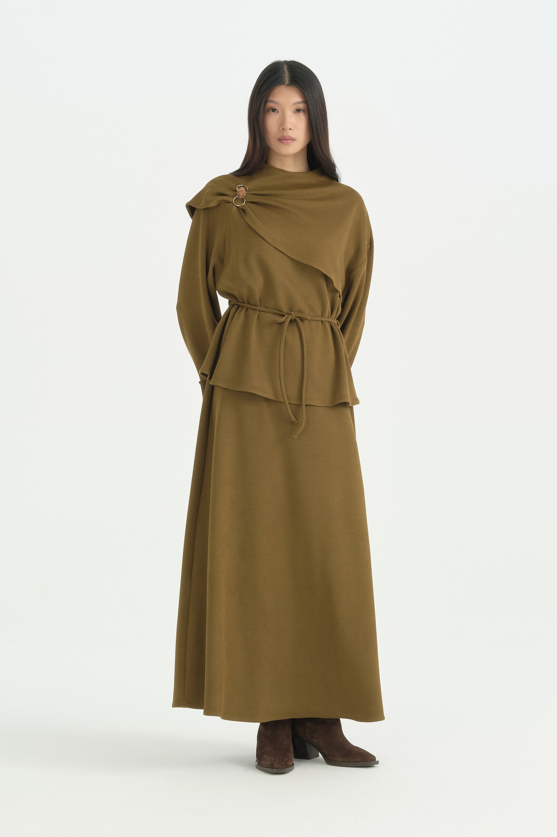 Pelerinli Süet Etekli Takım - Olive