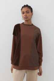 Peluş ve Kumaş Mixli Spor Sweat - Kahve