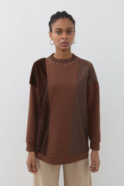 Peluş ve Kumaş Mixli Spor Sweat - Kahve