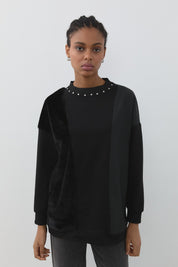 Peluş ve Kumaş Mixli Spor Sweat - Siyah