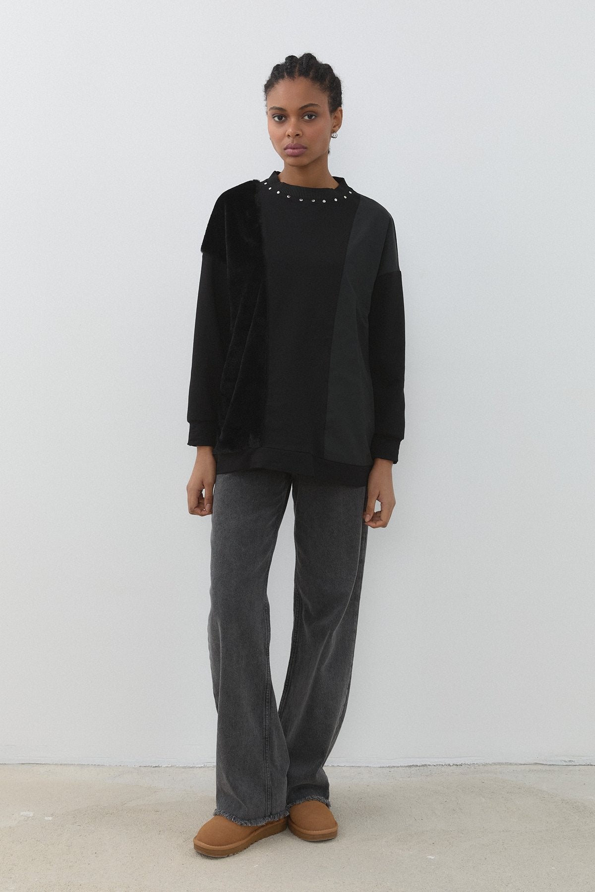 Peluş ve Kumaş Mixli Spor Sweat - Siyah