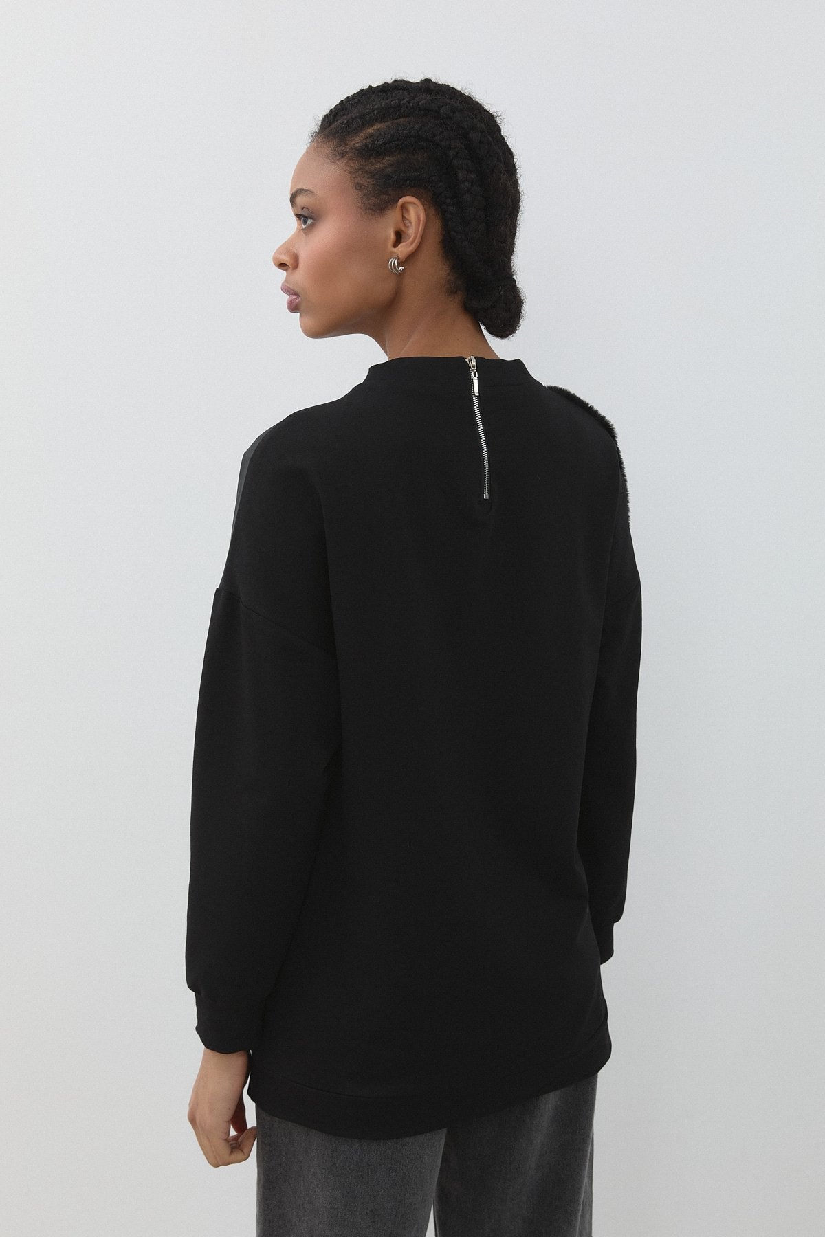 Peluş ve Kumaş Mixli Spor Sweat - Siyah