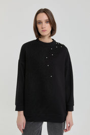 Peluş ve Taş Detaylı Sweat - Siyah