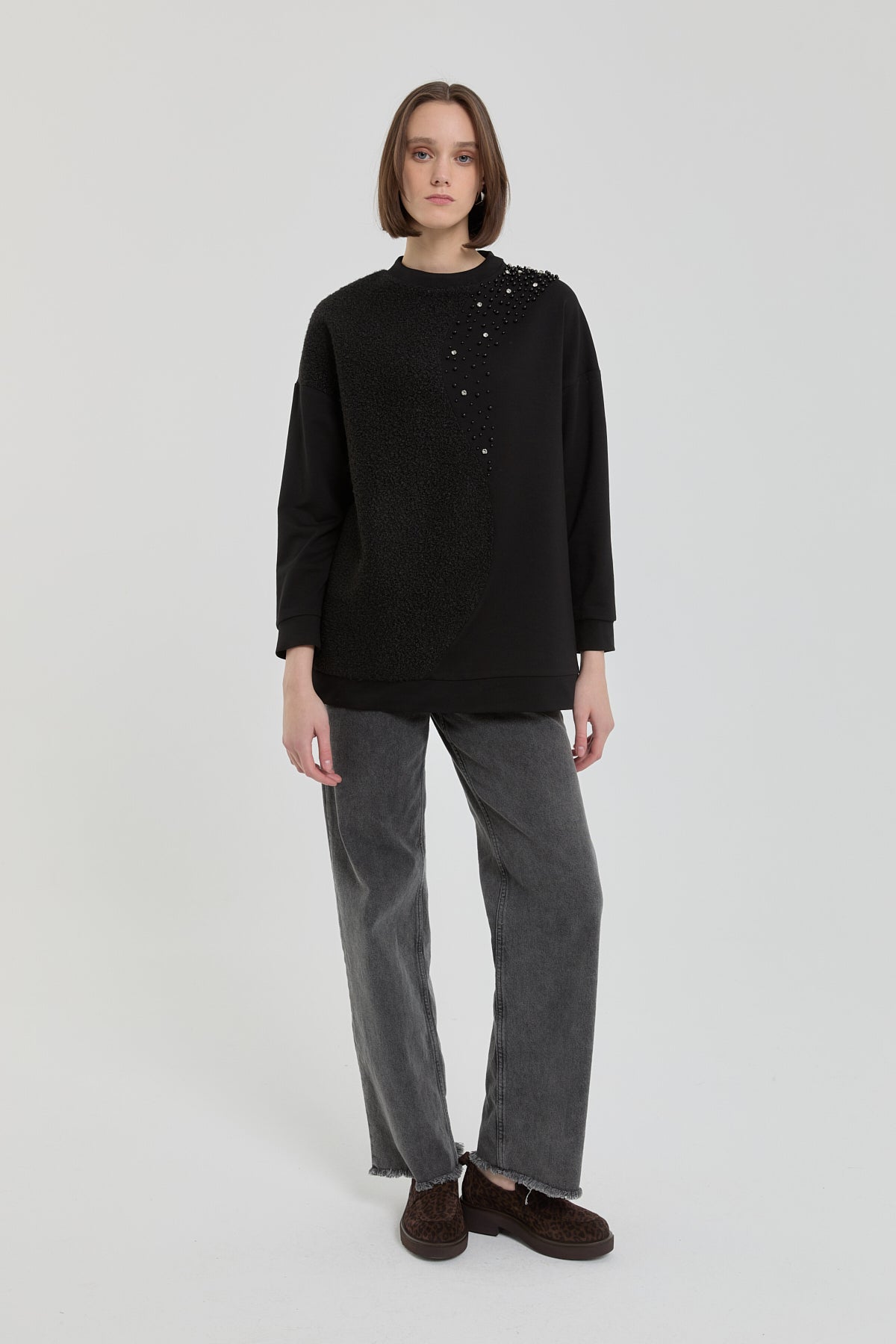 Peluş ve Taş Detaylı Sweat - Siyah