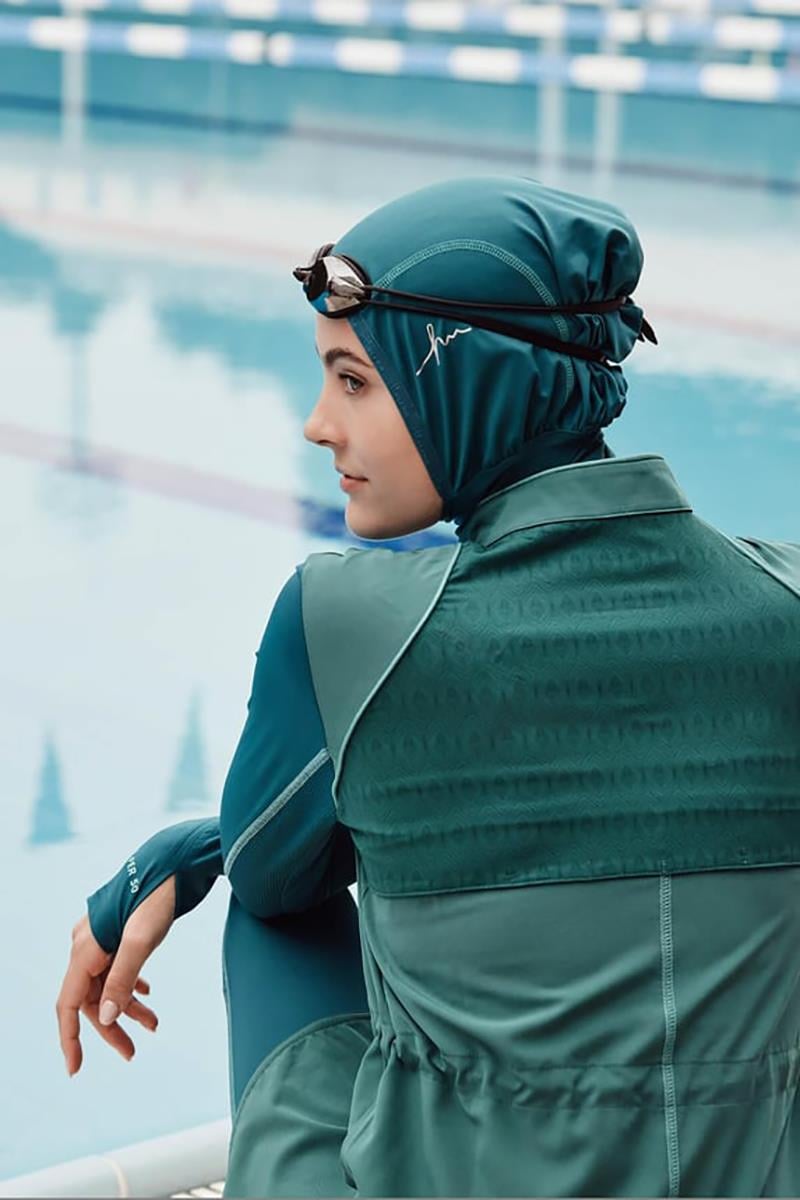 Performance Series Honeycomb Texture Detail Hijab Swimsuit Set - Aqua Green 