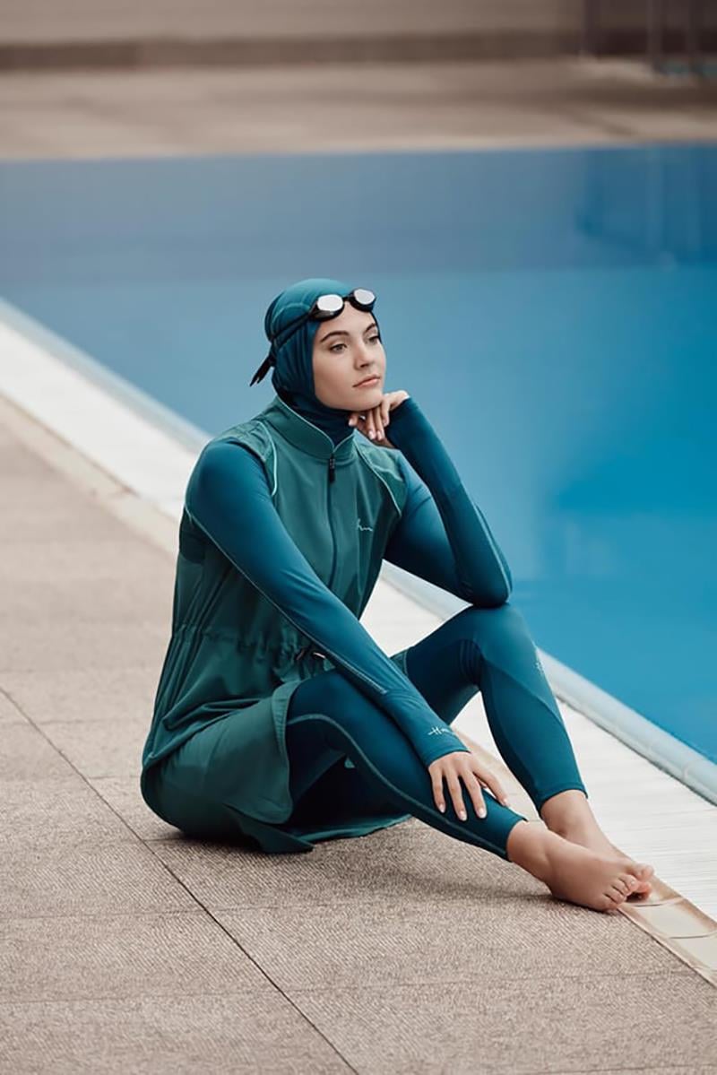Performance Series Honeycomb Texture Detail Hijab Swimsuit Set - Aqua Green 