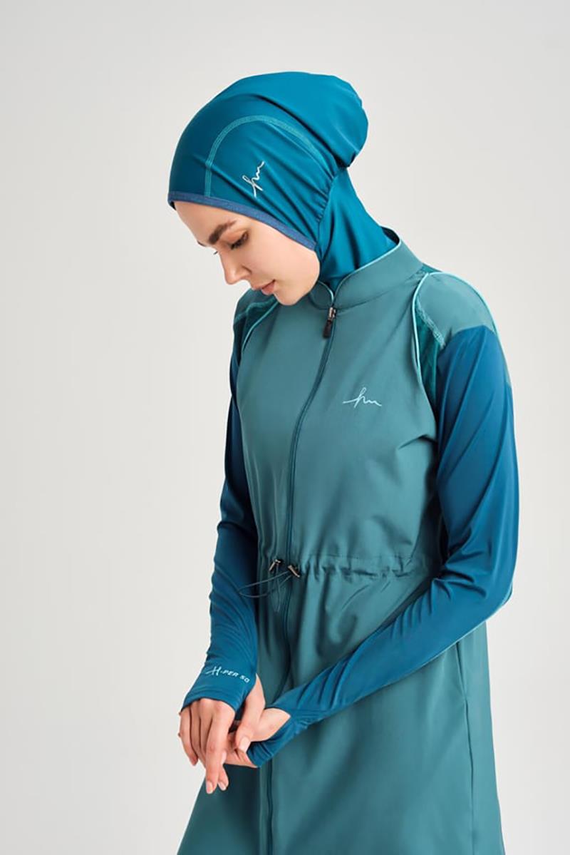 Performance Series Honeycomb Texture Detail Hijab Swimsuit Set - Aqua Green 