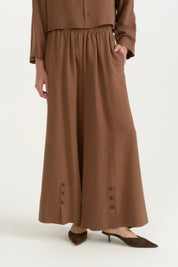 Pleated Linen Wide-Leg Trousers - Coffee