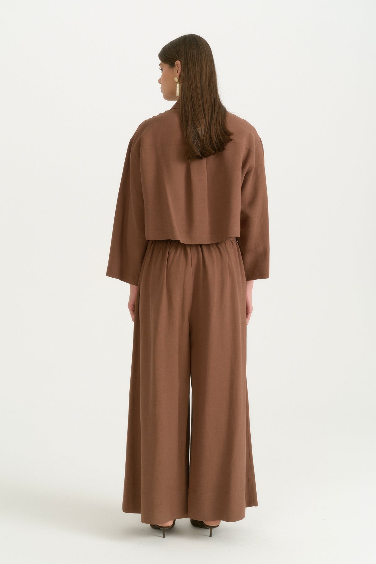 Pleated Linen Wide-Leg Trousers - Coffee