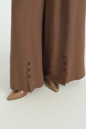 Pleated Linen Wide-Leg Trousers - Coffee