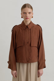 Pleated Detailed Lyocell Crop Jacket - Light Brown