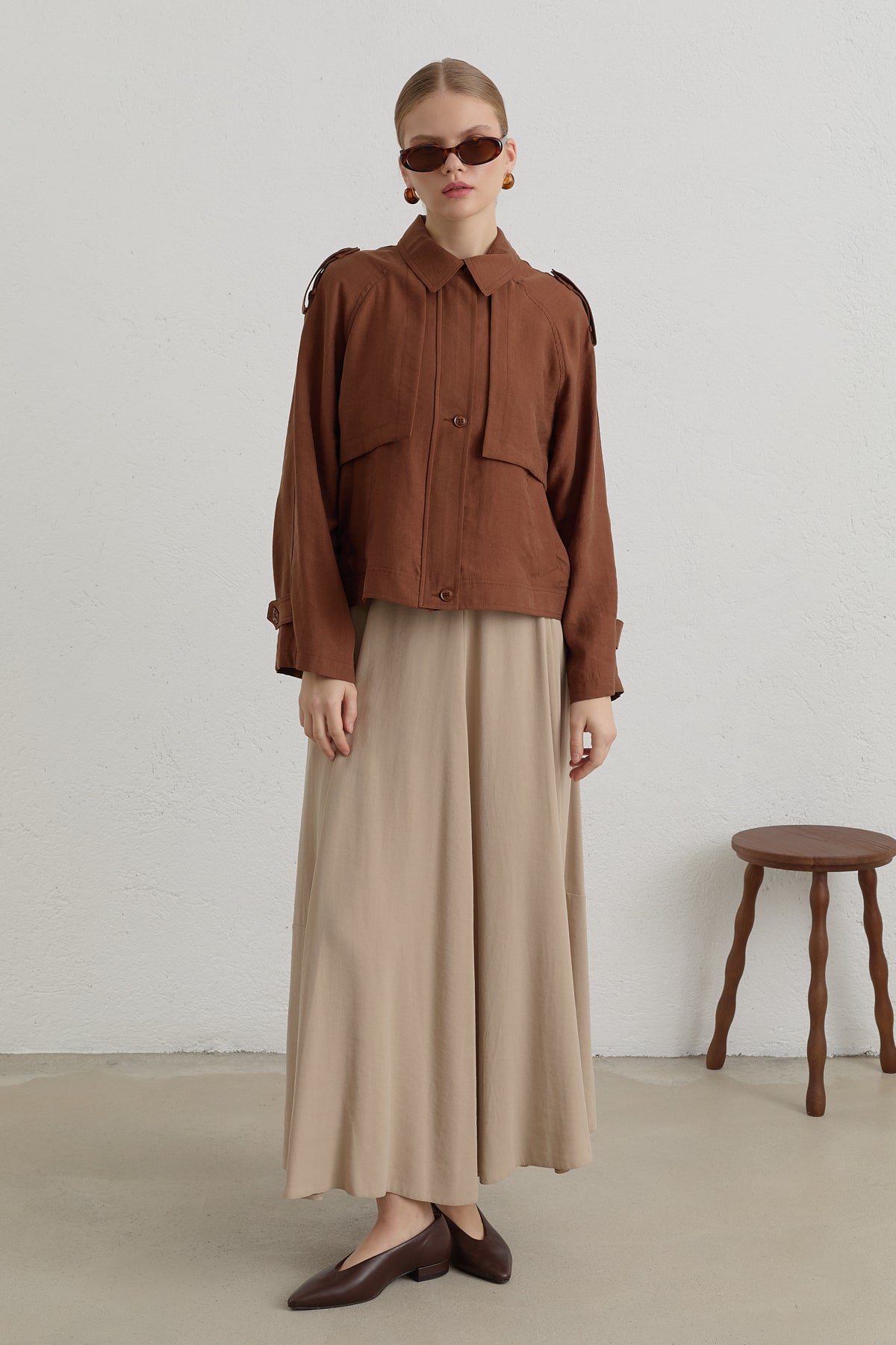 Pleated Detailed Lyocell Crop Jacket - Light Brown