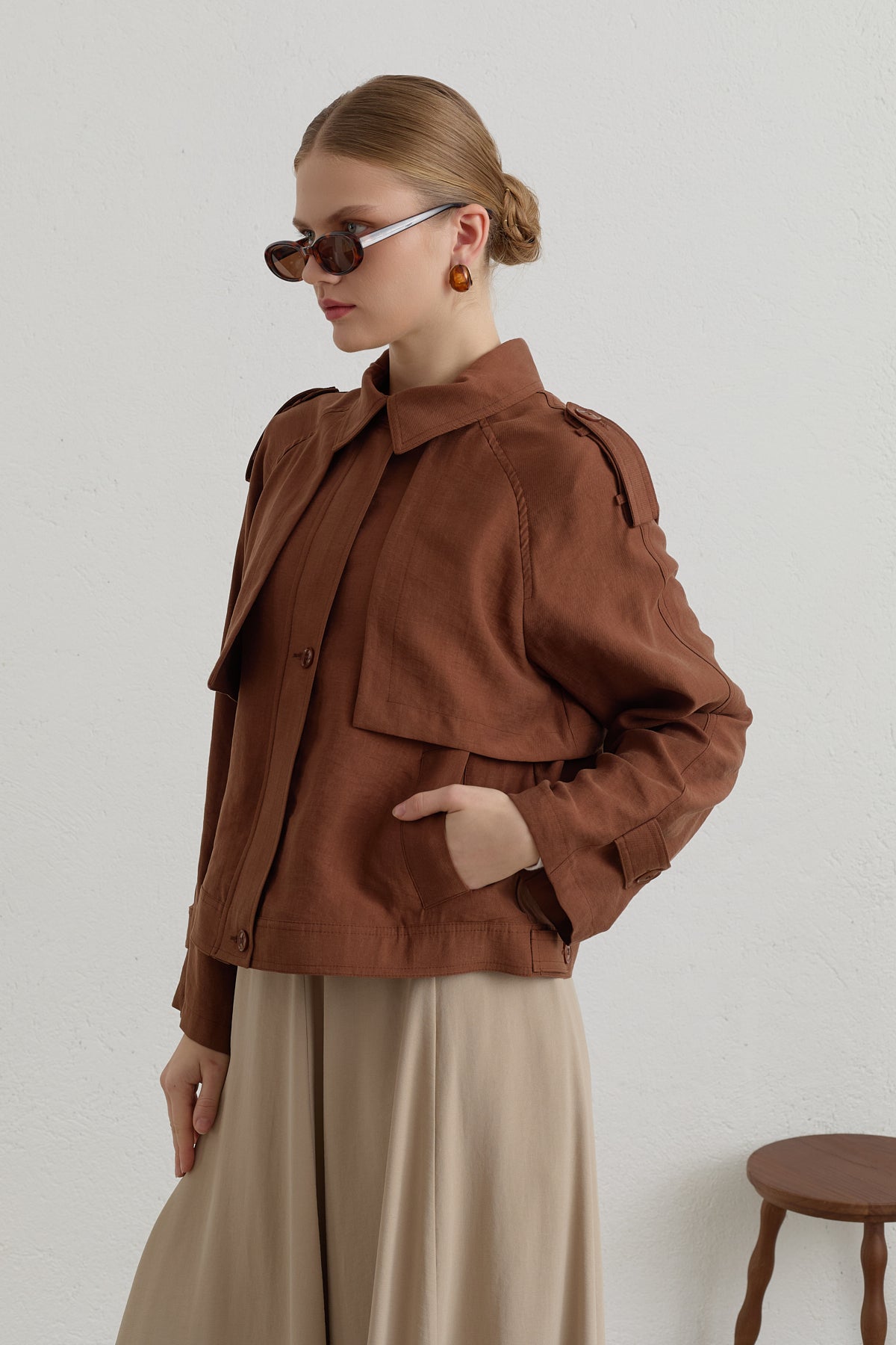 Pleated Detailed Lyocell Crop Jacket - Light Brown