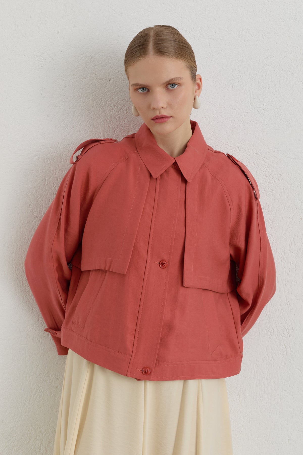 Pleated Detailed Lyocell Crop Jacket - Dusty Pink