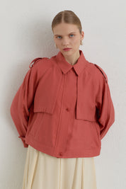 Pleated Detailed Lyocell Crop Jacket - Dusty Pink