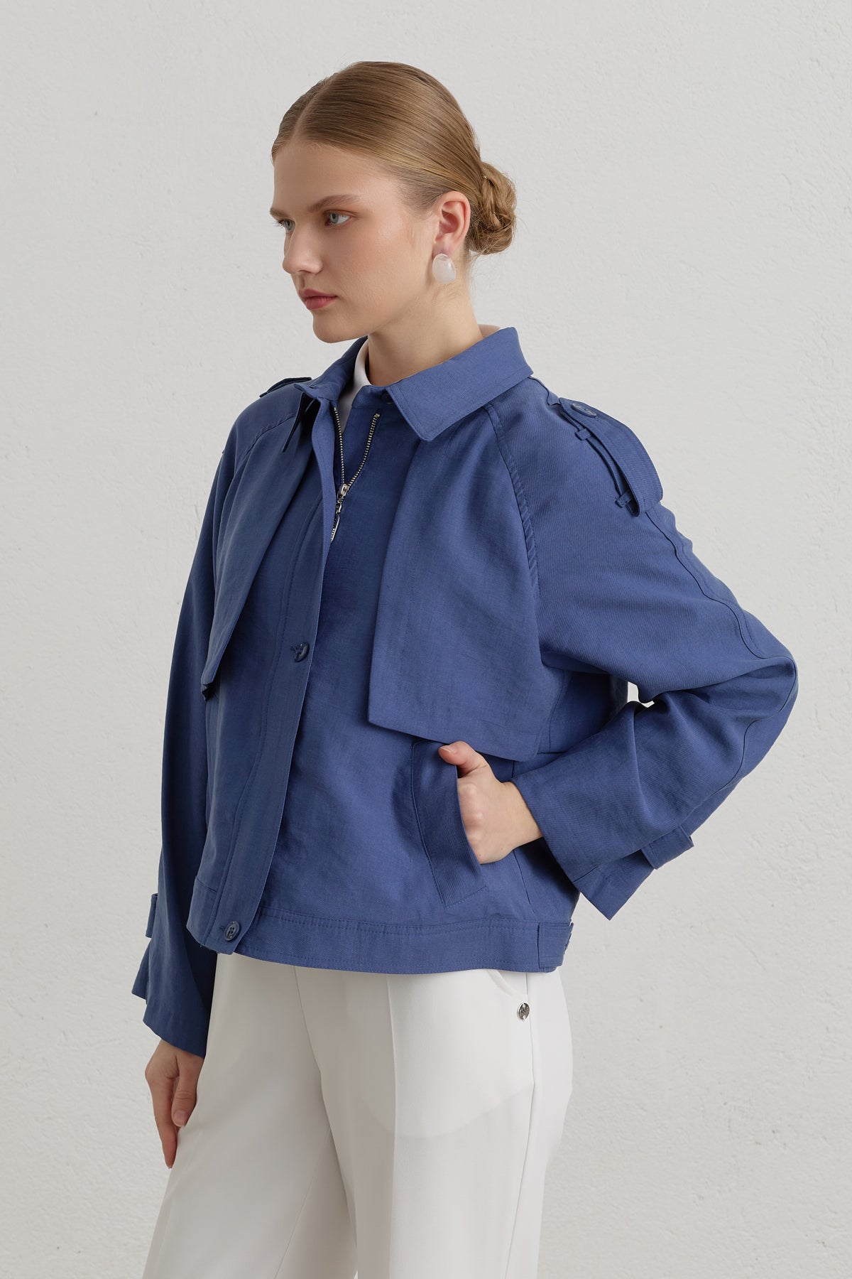 Pile Detaylı Lyocell Crop Ceket - İndigo