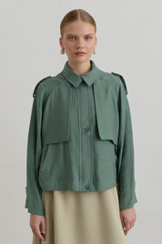Pleated Detailed Lyocell Crop Jacket - Moss Green