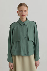 Pleated Detailed Lyocell Crop Jacket - Moss Green