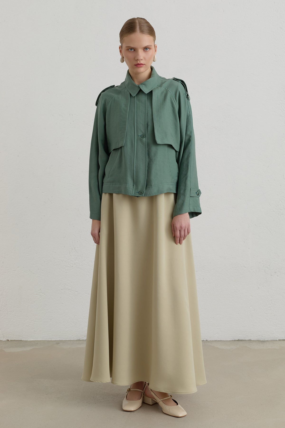 Pleated Detailed Lyocell Crop Jacket - Moss Green