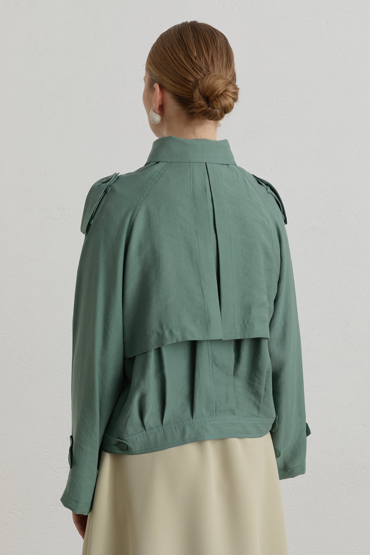 Pleated Detailed Lyocell Crop Jacket - Moss Green