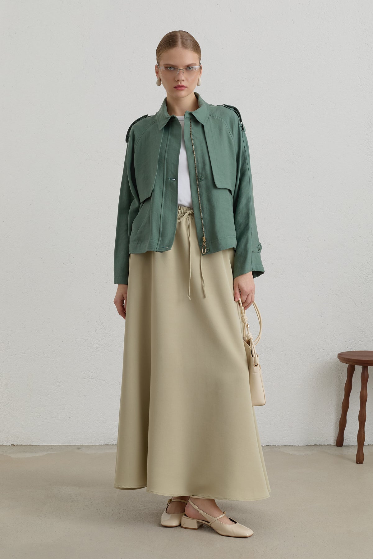 Pleated Detailed Lyocell Crop Jacket - Moss Green
