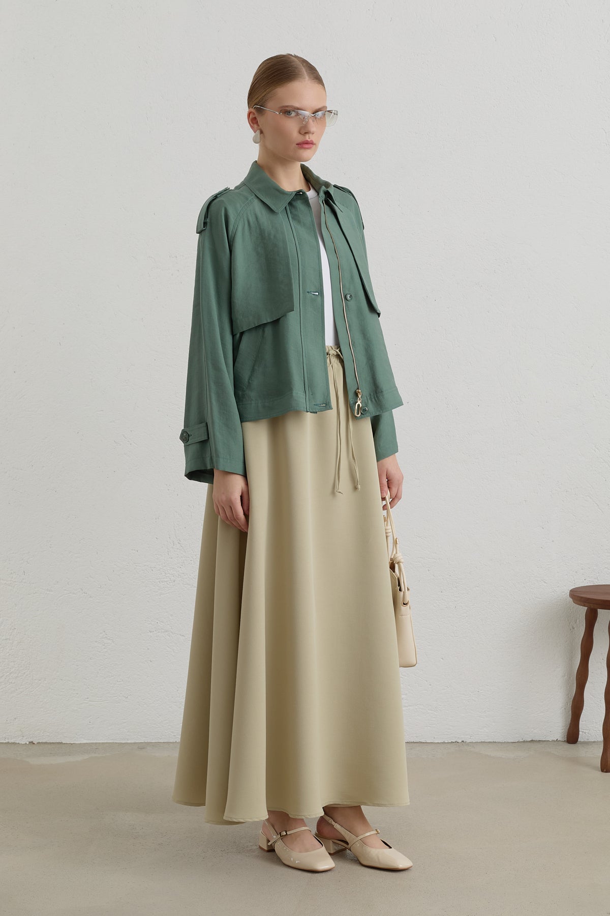 Pleated Detailed Lyocell Crop Jacket - Moss Green