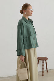Pleated Detailed Lyocell Crop Jacket - Moss Green