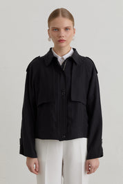 Pleated Detailed Lyocell Crop Jacket - Black