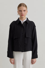 Pleated Detailed Lyocell Crop Jacket - Black