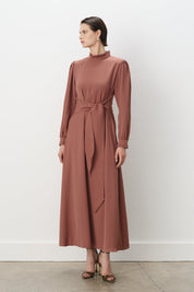 Elegant Dress with Pleat Details - Light Brown