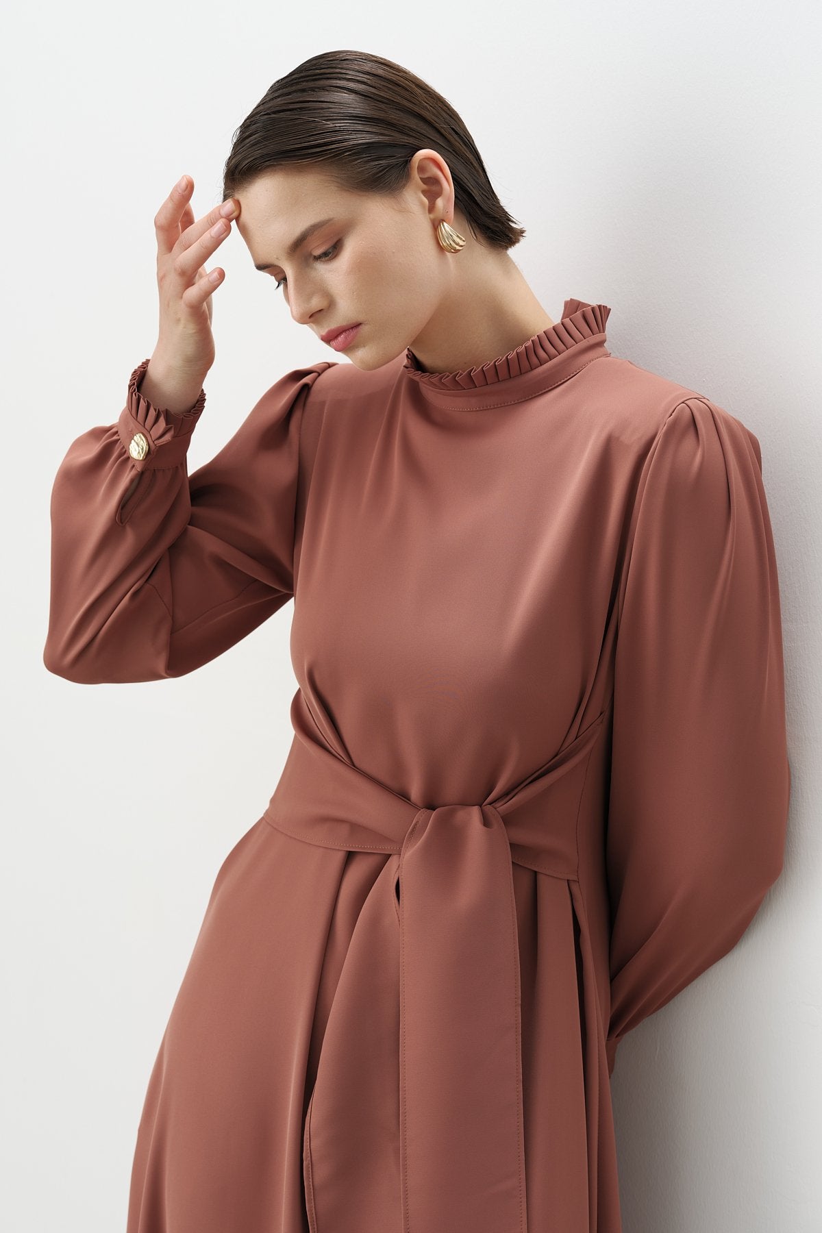 Elegant Dress with Pleat Details - Light Brown