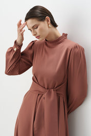 Elegant Dress with Pleat Details - Light Brown