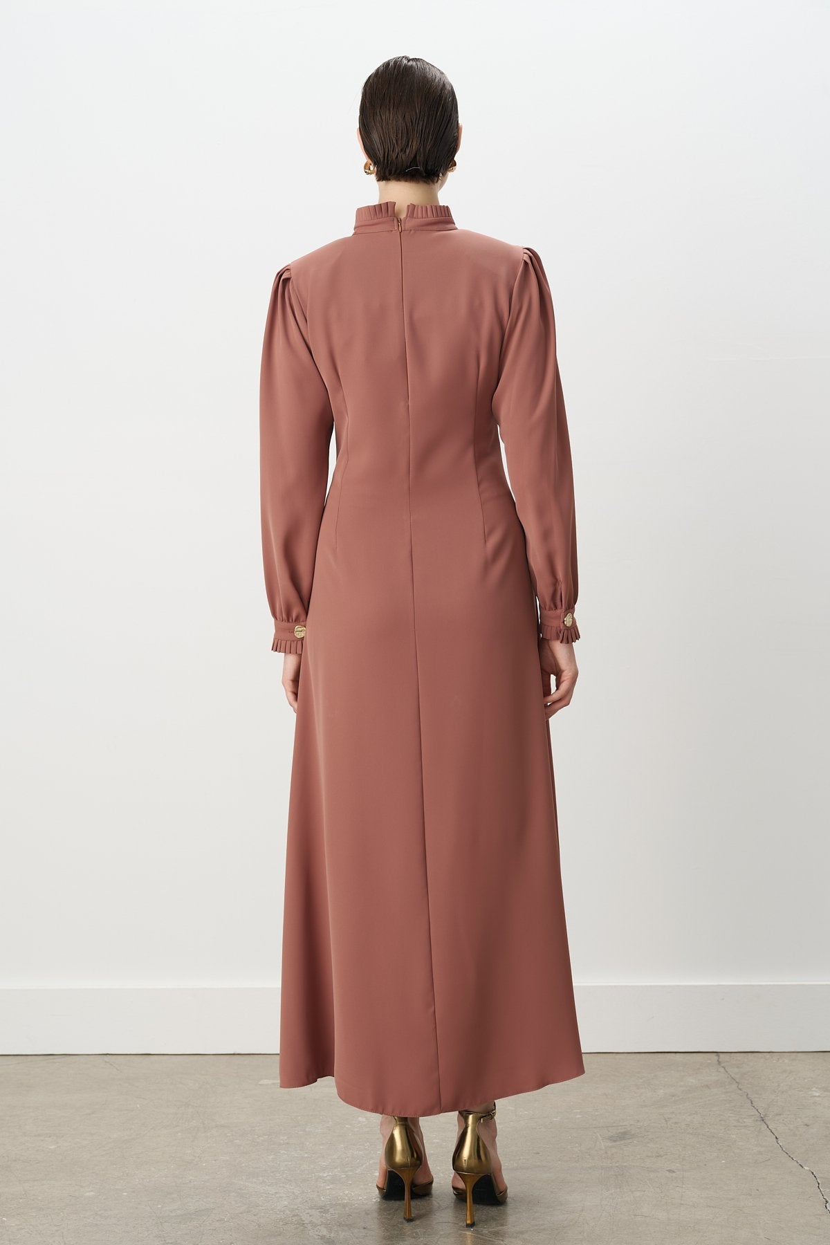 Elegant Dress with Pleat Details - Light Brown