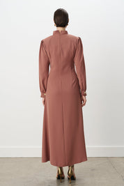 Elegant Dress with Pleat Details - Light Brown