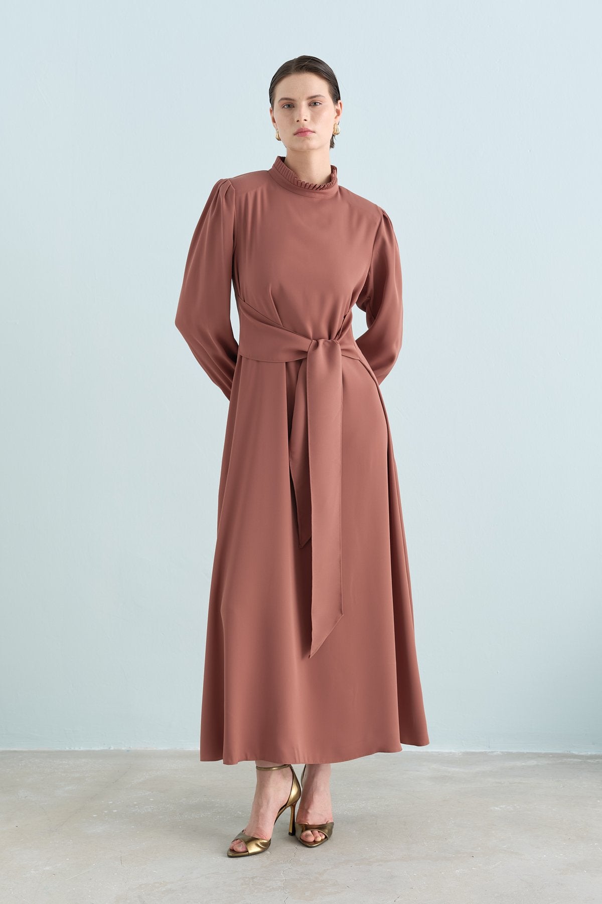 Elegant Dress with Pleat Details - Light Brown