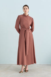 Elegant Dress with Pleat Details - Light Brown