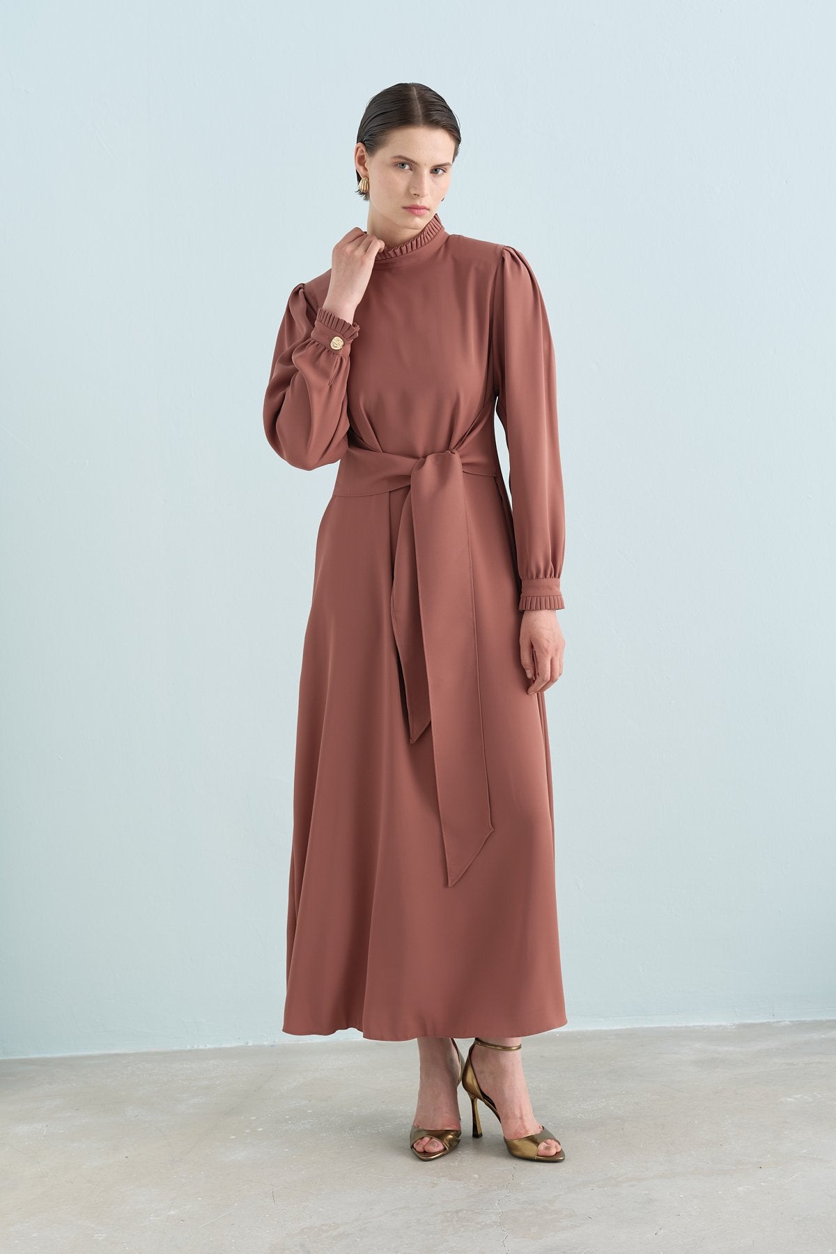 Elegant Dress with Pleat Details - Light Brown
