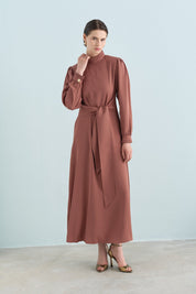 Elegant Dress with Pleat Details - Light Brown
