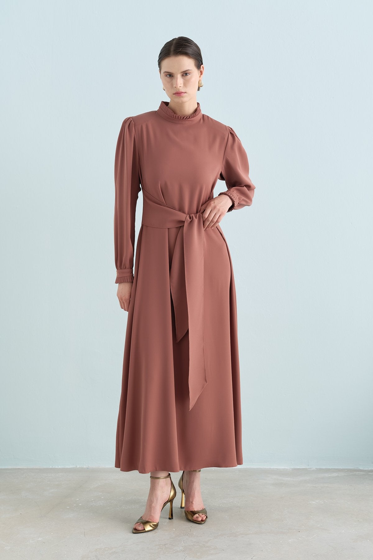 Elegant Dress with Pleat Details - Light Brown